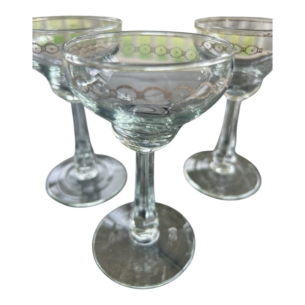 Vintage Heavy Crystal Champagne glass set of 5, gold Geo design, MCM, Cordials